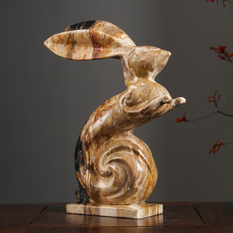 新中式博古架软装摆设客厅装饰案台摆件木化石收藏雕刻玉兔造型