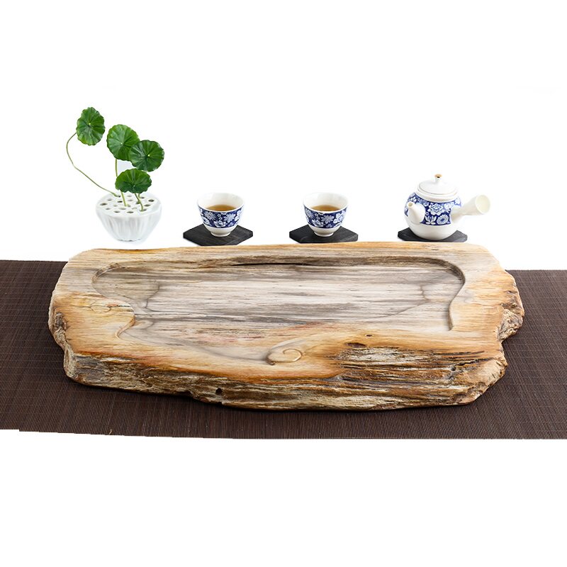 寓石林 原创设计现代简约木化石茶盘家用小号硅化木排水式茶台
