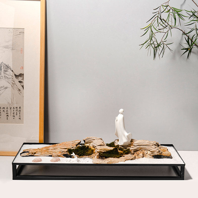 枯山水木化石沙盘托盘摆件 新中式装饰现代简约客厅桌面玄关摆设