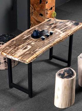 现代简约木化石长条装饰大桌子硅化木玄关条案别墅会所设计师款