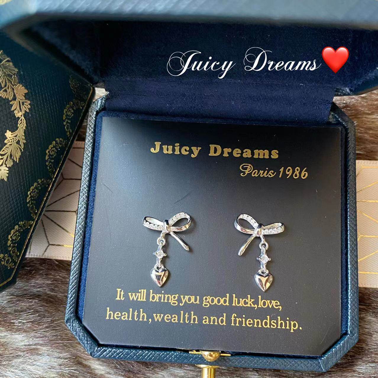 法国设计师JUICY DREAMS复古水晶蝴蝶结桃心流苏轻奢小众纯银耳钉