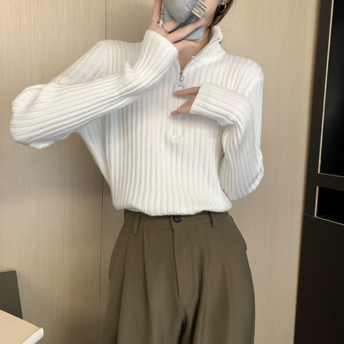 Трикотажный весенний свитер с молнией, лонгслив, большой размер, по фигуре