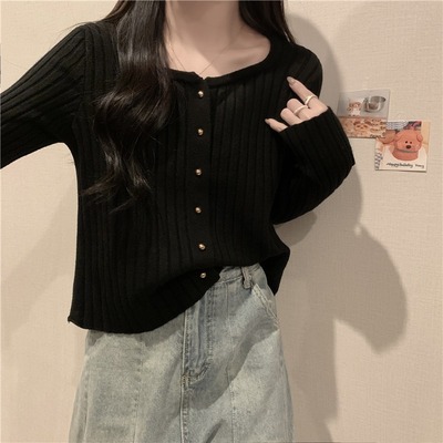 taobao agent Knitted design demi-season cardigan, top, sweater, jacket, plus size, long sleeve, square neckline, trend of season, fitted