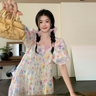 大码泡泡袖复古连衣裙女夏季仙女款气质裙子胖mm遮肚子显瘦碎花裙