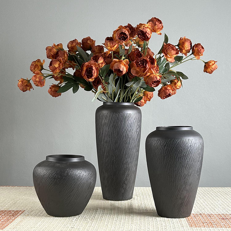 景德镇台面花瓶黑色粗陶罐酒店名宿客厅摆件日式现代简约装饰品