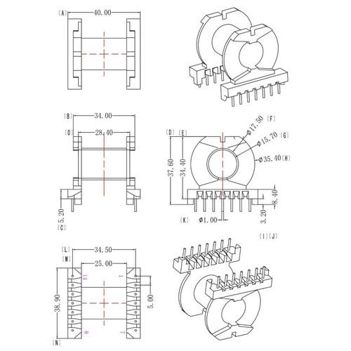 PQ40高频变压器磁芯卧式骨架7+7