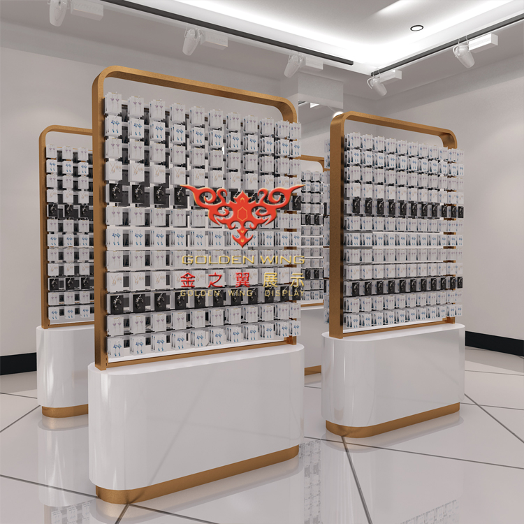 金色首飾小飾品展示柜雙面中島柜項(xiàng)鏈展柜耳環(huán)耳釘飾品展柜槽板柜