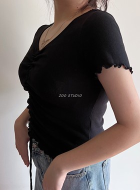 国N圆单~6~8~2022年春季淑女简约圆领抽绳绑带修身针织纯色短袖女