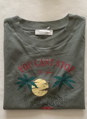 圆单！6+8夏季新款橄榄绿度假风景印花短袖休闲T恤女上衣宽松短款
