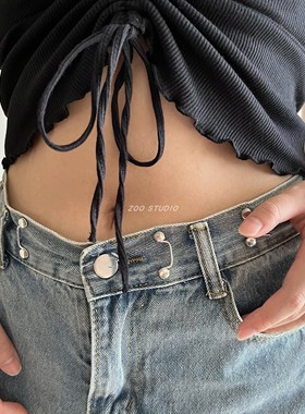 6~8国N圆单~春夏抽绳绑带露脐装一衣两穿修身短袖针织纯色T恤少女