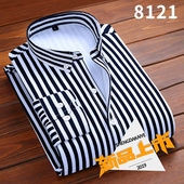 加绒加厚男士 休闲条纹中青年修身 长袖 秋冬新品 衬衫 时尚 男装 衬衣潮