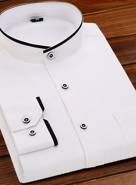 爸爸商务英伦纯色大码装男士长袖衬衫中华立领衬衫中山装圆领衬衣