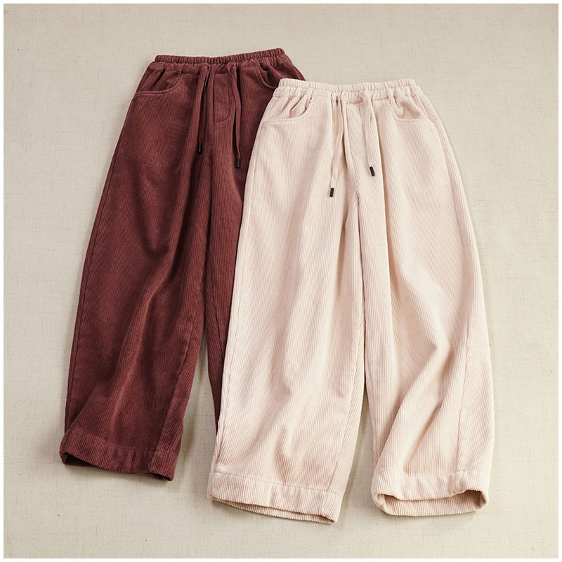 松紧腰日系复古长裤加绒阔腿裤