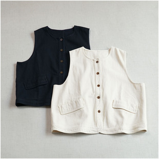 日系简约百搭斜纹棉圆领百搭马夹 上衣背心叠穿 春秋外搭宽松无袖