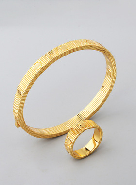 白金色轻奢条纹手镯情侣对戒套装