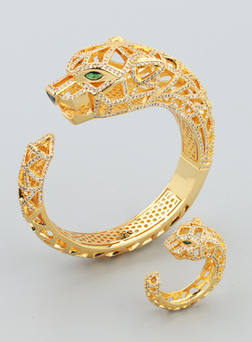 手镯镂空满钻镶锆石手环猎豹戒指时尚开口手环欧美轻奢重工款简约