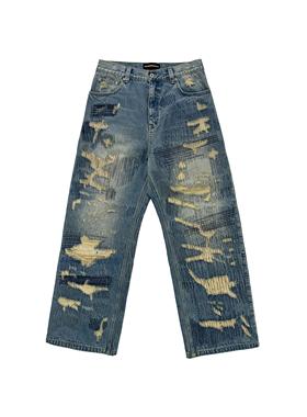 11PRODUITS重磅大破坏乱针刺绣中性阔腿泥染/冰蓝水洗牛仔裤