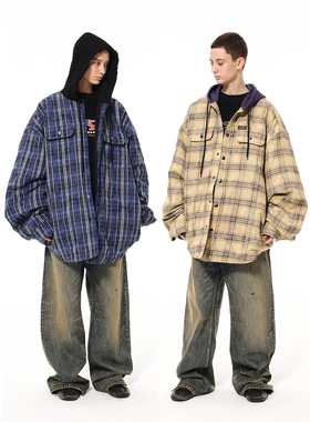 11PRODUITS渲染格子廓型连帽棉服外套中性慵懒放松夹棉大衬衫