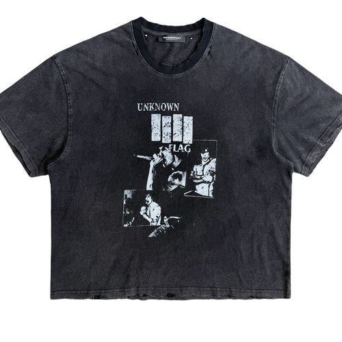 UNKNOWNWORLD 25SS 日晒水洗做旧破坏磨毛短宽UNK FLAG印花T恤