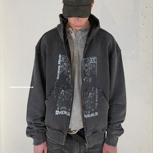 UNKNOWNWORLD 26SS 恶魔季机械头恶魔印花破坏水洗帽衫拉链卫衣