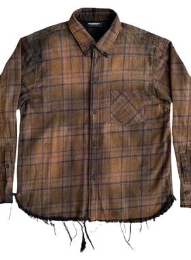 UNKNOWNWORLD 24秋冬新款水洗做旧毛边渲染格子衬衫