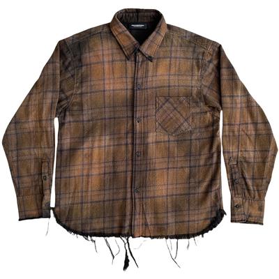 UNKNOWNWORLD 24秋冬新款水洗做旧毛边渲染格子衬衫