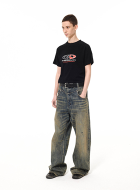 11PRODUITS 黄泥染水洗做旧竹节纹中性廓形Baggy牛仔裤