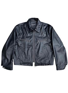 UNKNOWNWORLD 24秋冬新款摔纹油蜡牛皮西部短款拉链黑色皮衣夹克