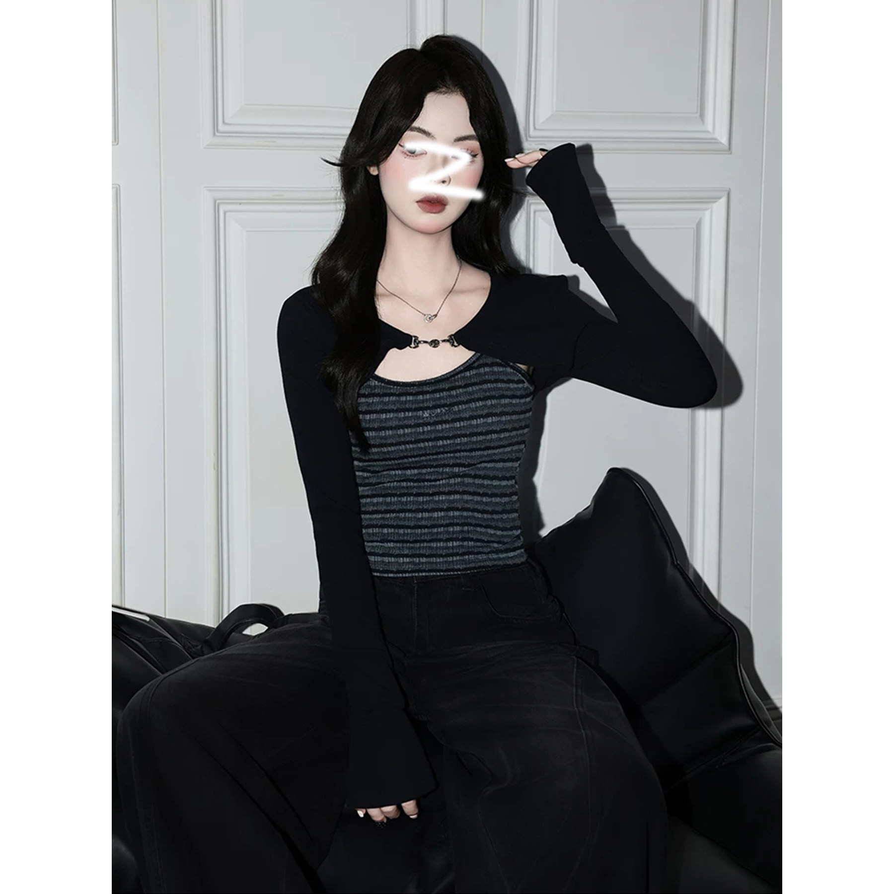 甜辣妹美式复古假两件条纹T恤女长袖春秋季新款修身显瘦秋衣外穿