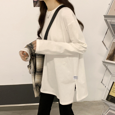 欧货白色长袖t恤女棉质2026春秋装新款打底衫开叉内搭中长款上衣