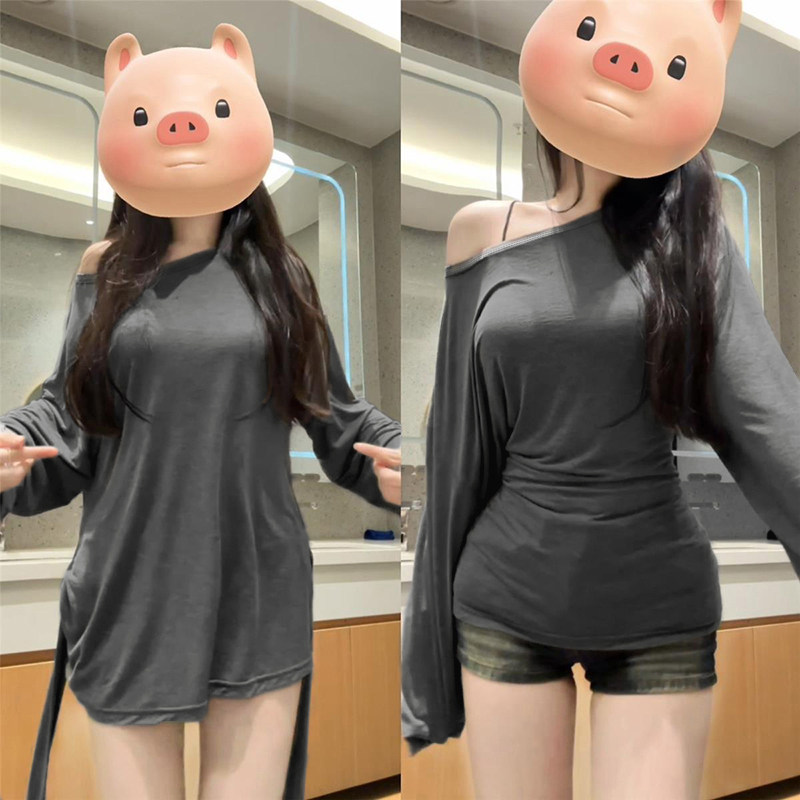 甜辣妹斜领露肩长袖T恤女春秋2026新款收腰绑带设计感小众上衣潮