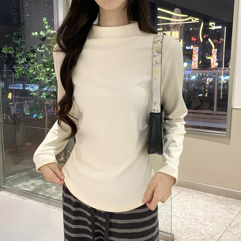杏色半高领德绒打底衫女秋冬内搭洋气上衣修身显瘦保暖长袖T恤衫