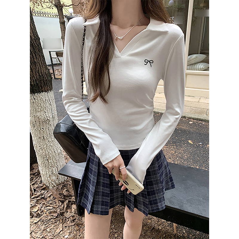 美式正肩修身长袖T恤女秋冬Polo领纯欲收腰显瘦小个子短款打底衫