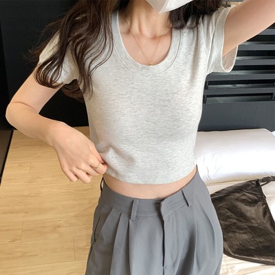 正肩T恤女短袖夏季修身显瘦短款