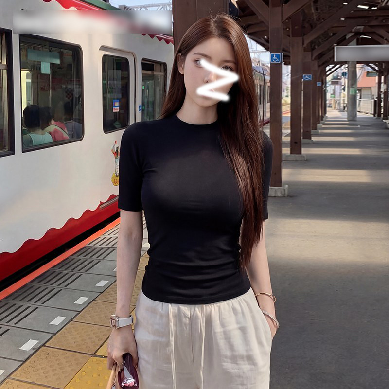 纯色圆领五分袖中袖T恤女简约基础款修身显瘦小众正肩短袖上衣女