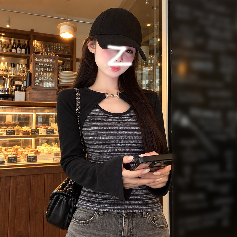 辣妹风设计感假两件条纹上衣女春秋韩系修身显瘦长袖T恤秋衣外穿