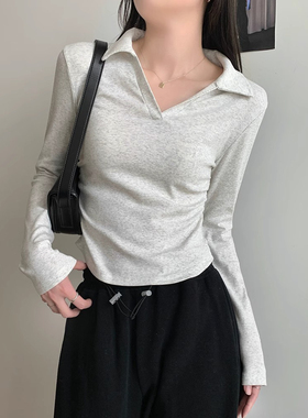 7136#官图 210克纯棉螺纹 POLO领长袖T恤女春秋冬打底衫内搭收腰