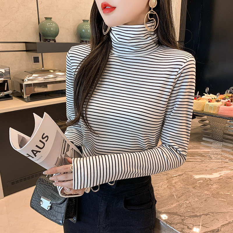 德绒高领打底衫加厚秋冬洋气内搭条纹长袖T恤女修身保暖上衣ins潮
