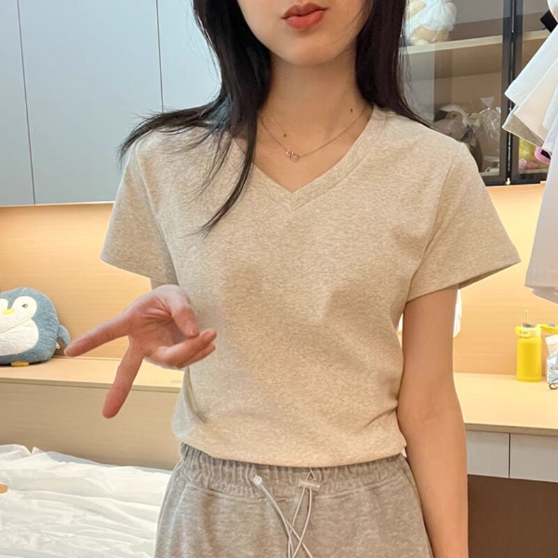 基础款V领正肩纯棉短袖T恤女夏2026新款大码胖mm修身显瘦辣妹上衣