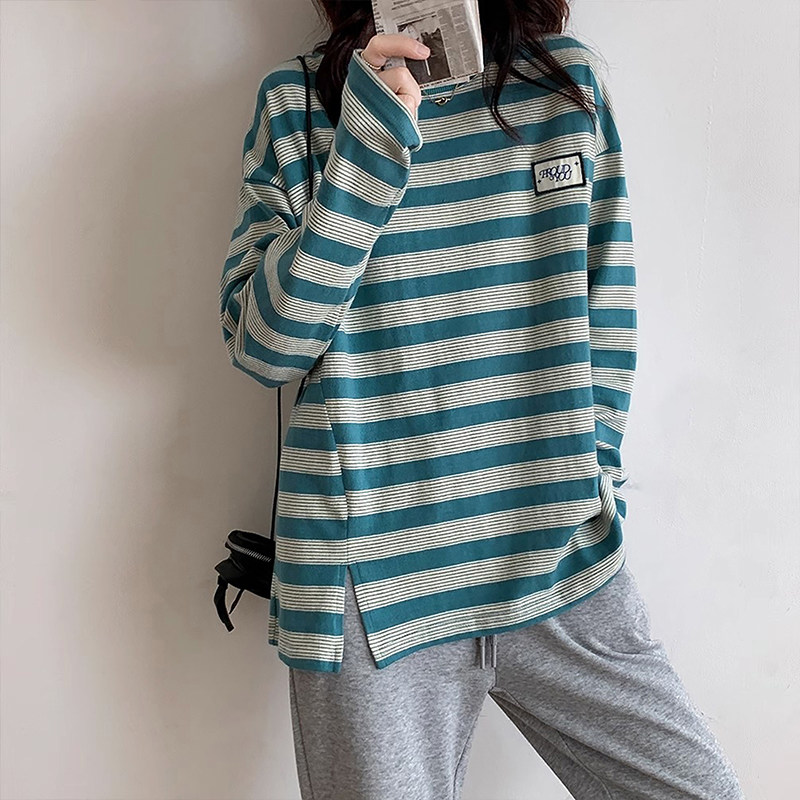 韩系胖mm大码条纹长袖T恤女2026春秋新款休闲时尚百搭撞色上衣服