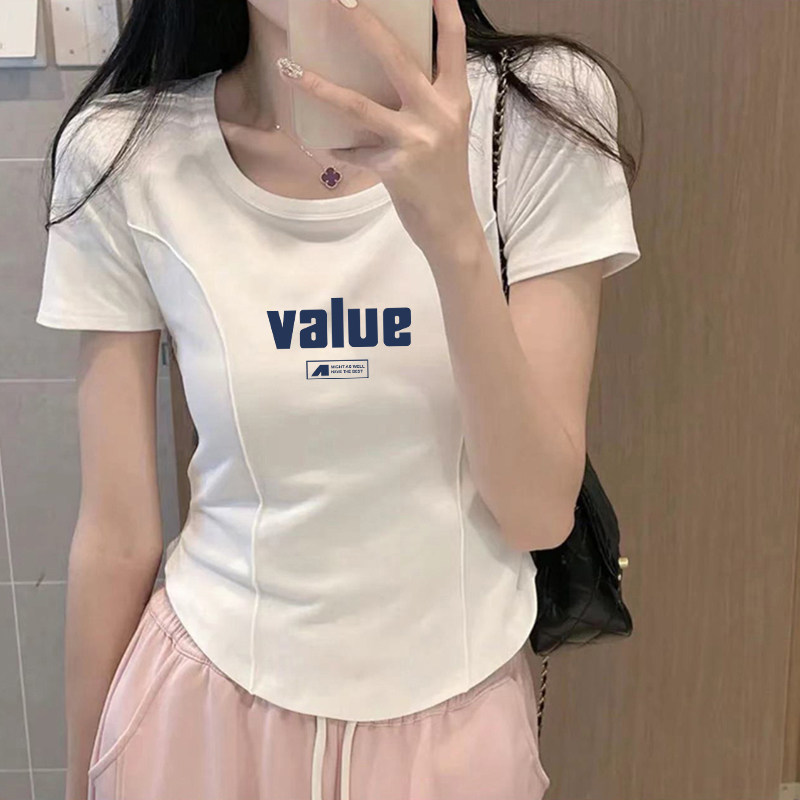 纯棉短袖t恤女夏季修身显瘦字母紧身露脐短款体桖上衣服纯欲风