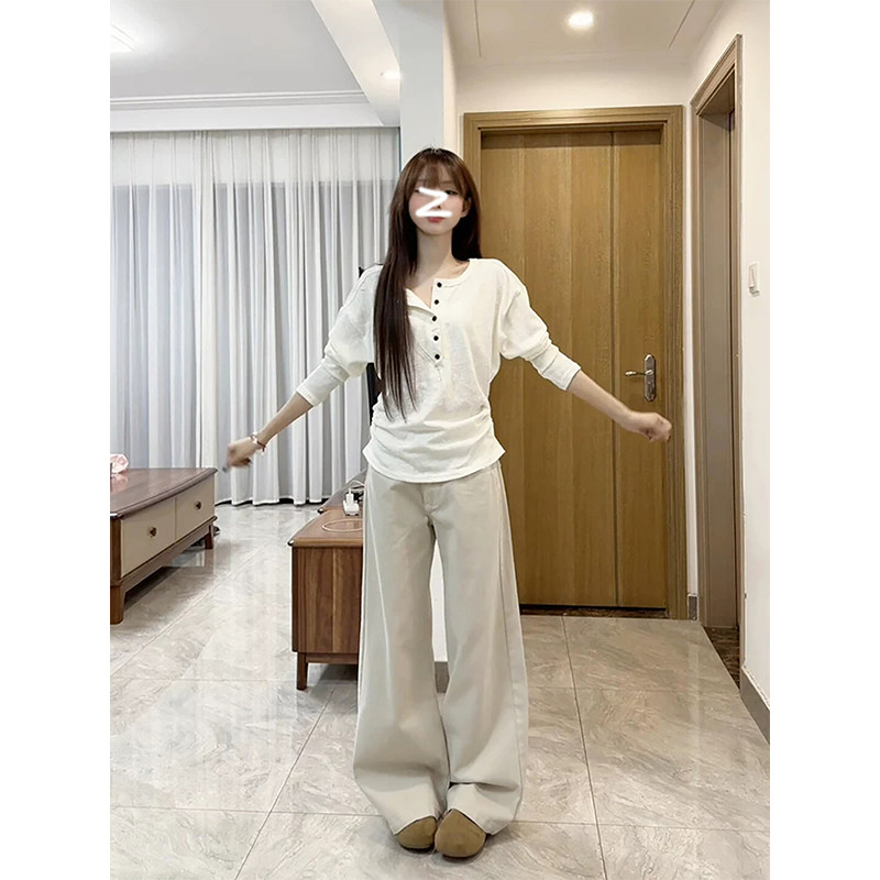 韩系亨利领设计干小众收腰长袖t恤女春秋新款气质显瘦蝙蝠袖上衣