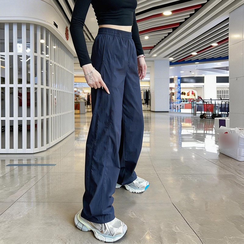 藏青色冰丝速干阔腿裤女春秋新款高腰直筒垂感休闲窄版工装运动裤