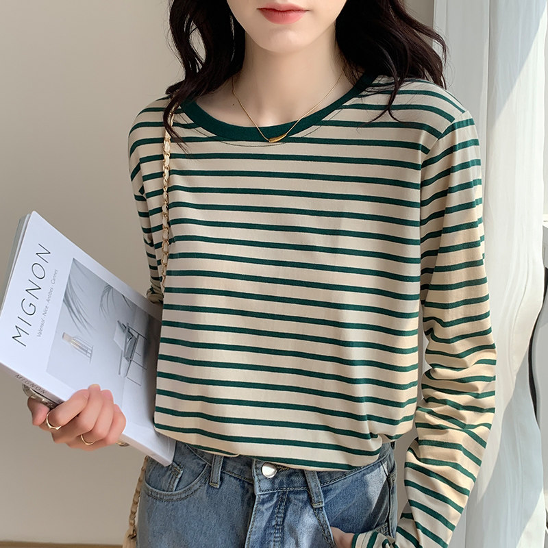 纯棉条纹t恤女春秋2026新款减龄洋气内搭长袖打底衫显瘦早秋上衣