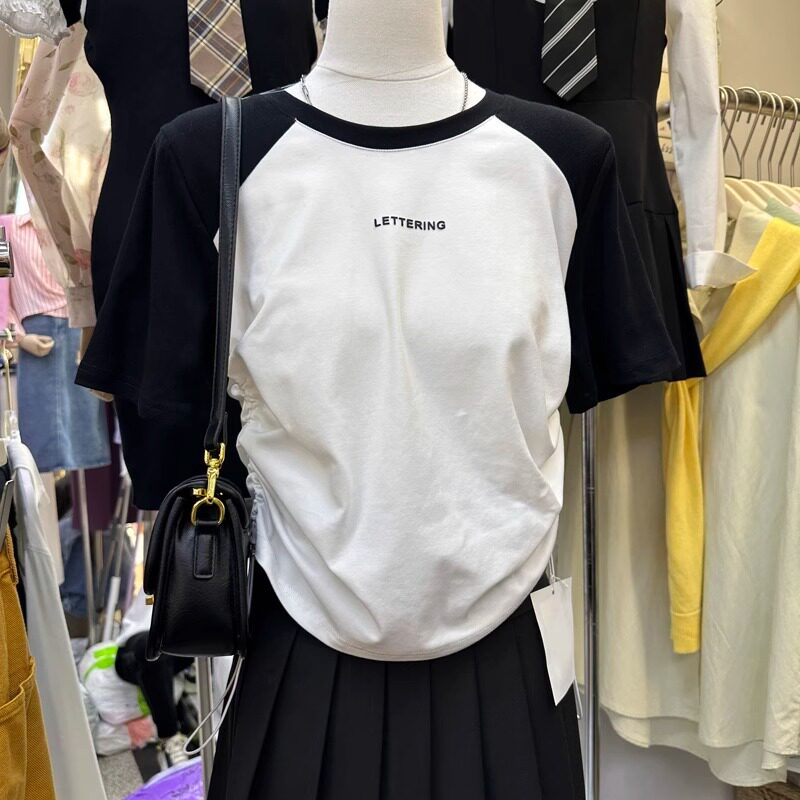 T恤女短袖2026夏季新款修身抽绳收腰显瘦纯棉体桖上衣休闲百搭
