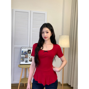 t恤女夏装 裙摆遮肚子上衣洋气小衫 新款 胖mm法式 大码 锁骨方领短袖