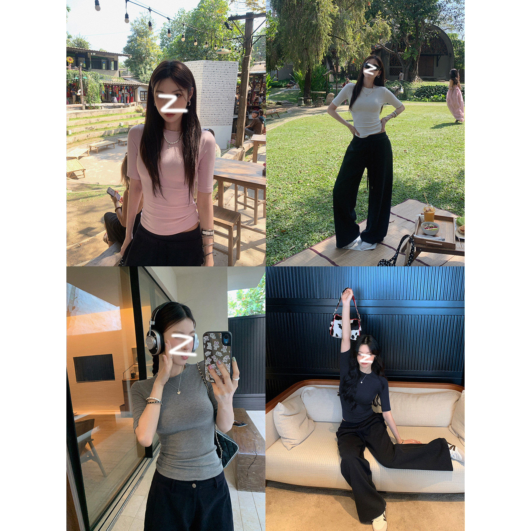 正肩收腰显瘦五分袖T恤女修身辣妹小众纯色圆领休闲百搭短袖上衣