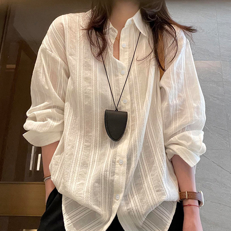 春秋季通勤风白色纯棉长袖衬衫女韩版宽松高级感百搭纯色衬衣潮