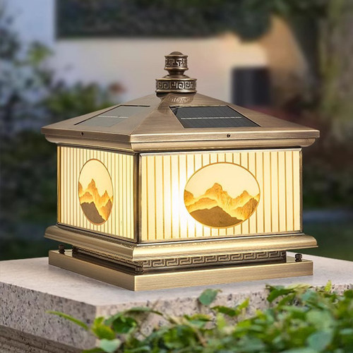 全铜太阳能柱头灯户外防水中式庭院别墅大门灯花园围墙接电柱子灯