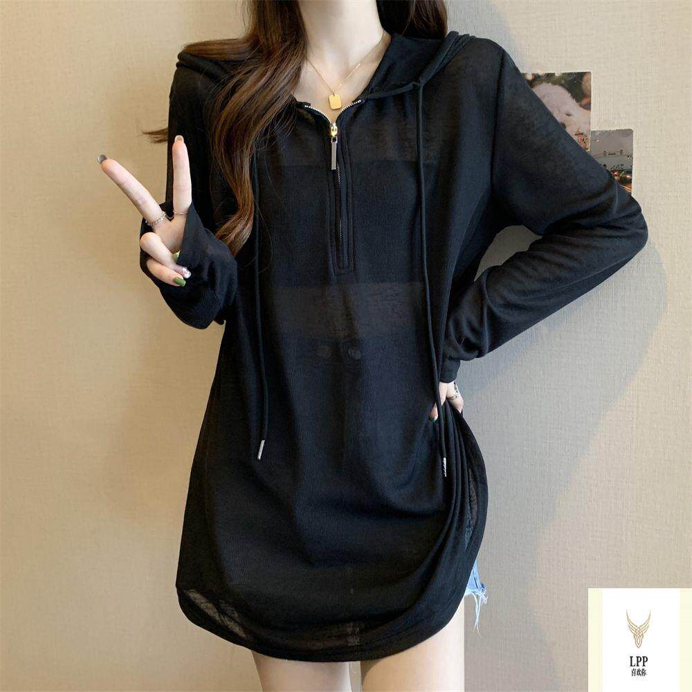 胖mm大码夏季薄款罩衫防晒t恤女长袖宽松显瘦黑色连帽中长款上衣